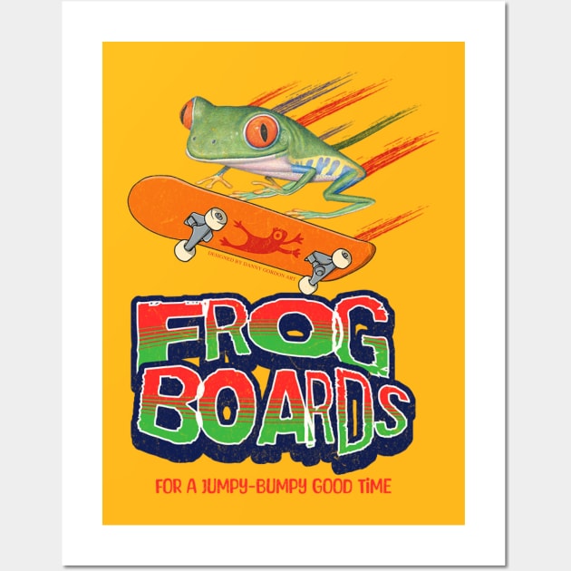 Cute and Funny red eyed tree frog is having a good time on a skateboard with frog boards having a jumpy and bumpy good time Wall Art by Danny Gordon Art